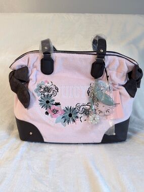 Juicy Couture Light Pink Floral Embroidered Tote with Brown Trim